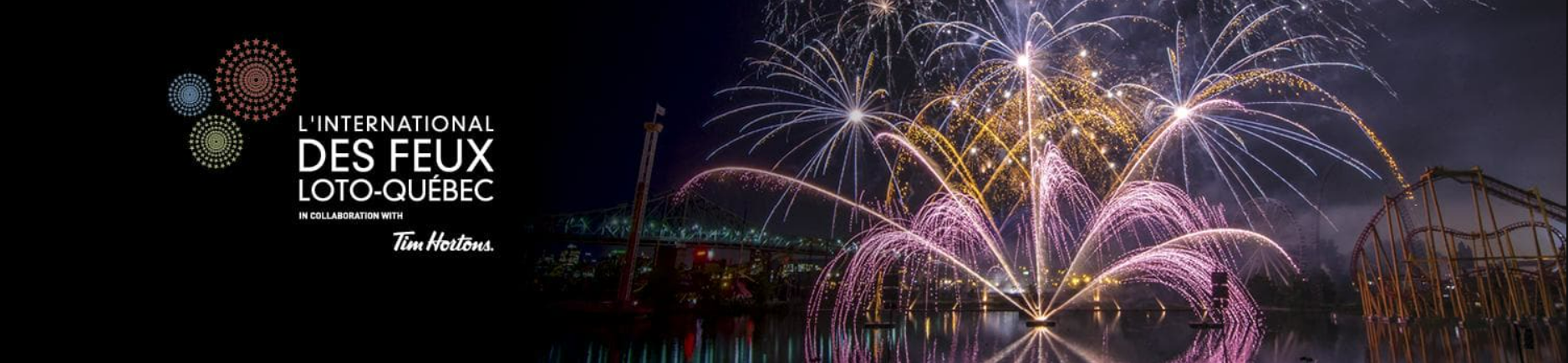 Fireworks with the logo for L'International des Feux Loto-Québec