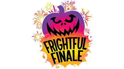 Purple and pink jack o'lantern with fireworks in background with Frightful Finale written in black text.