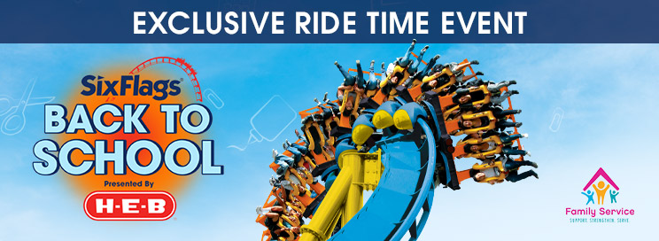 HEB Exclusive Ride Time banner with an image of guests on a twisting coaster