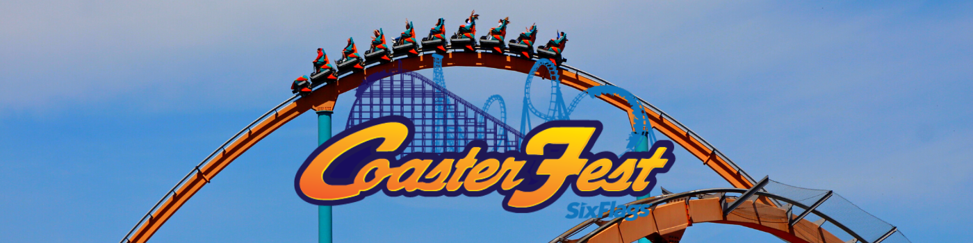Coaster Fest color logo on top of a photo of Goliath at Six Flags Over Georgia