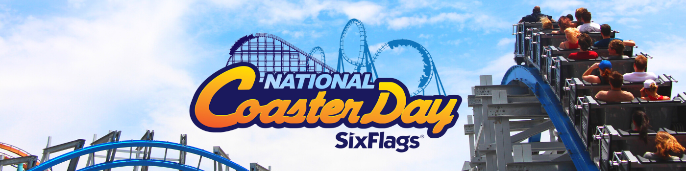 National Coaster Day logo on top of a photo of Dare Devil Dive at Six Flags Over Georgia