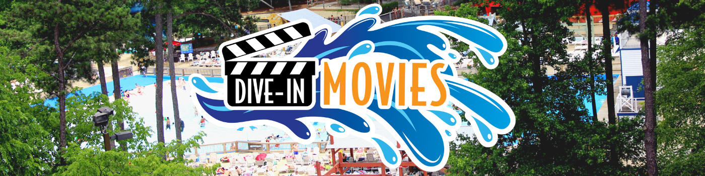 Dive in Movies logo on a photo of Atlanta Ocean Wave Pool at Six Flags White Water