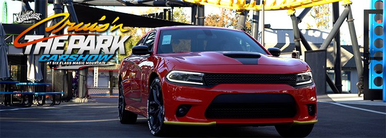west coast customs cruisn the park at magic mountain logo with red sports car