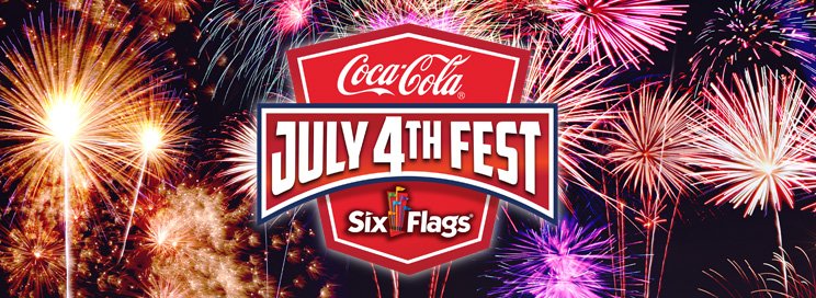Coca-cola Six Flags July 4th Fest logo with fireworks