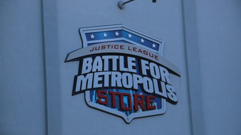 Justice League Battle for Metropolis Store sign at Six Flags